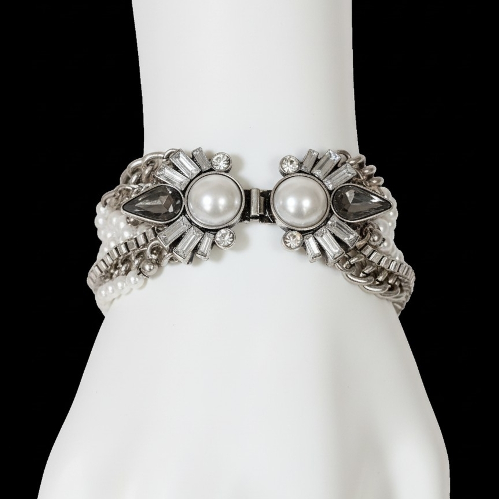 Pearl and Crystal Accent Multi-Strand Bracelet - White/Silver